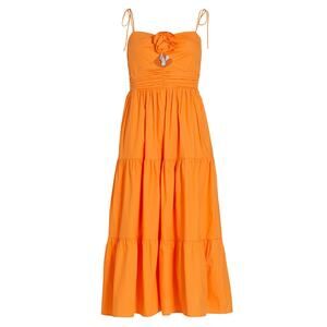 Wayf Tie-Strap Tiered Orange Midi-Dress Size L